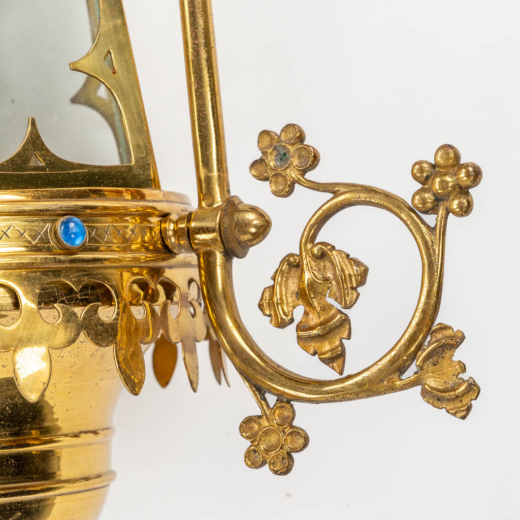 Three Processional lanterns, brass finished with cabochons, Gothic Revival. (W:48 x H:82 cm)