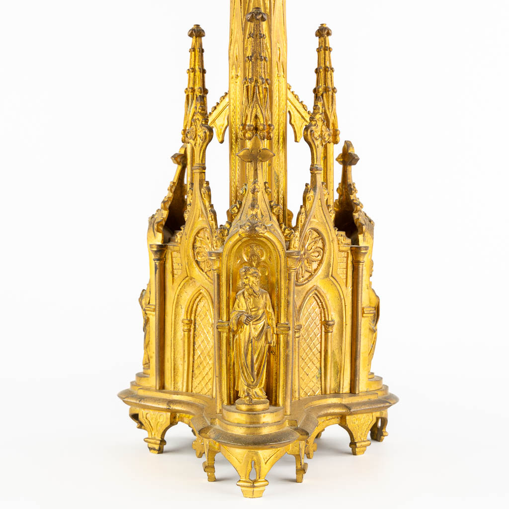 An antique church candelabra, gilt bronze, Gothic Revival. (H:93 cm)