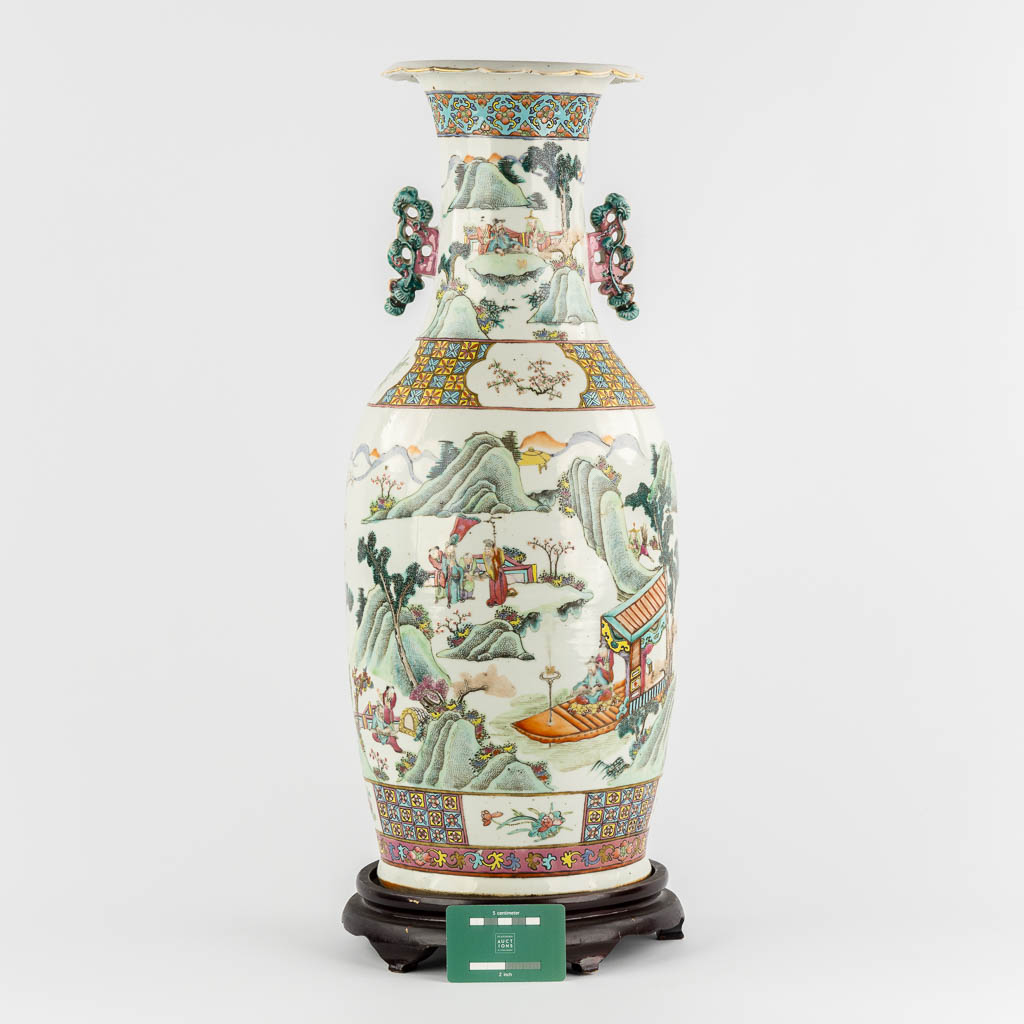 A Chinese Famille Rose vase with a double decor, Landscape scène with a harbor. 