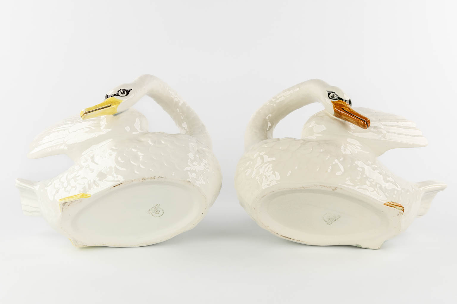 Nimy, a pair of figurative cache-pots, Swans.