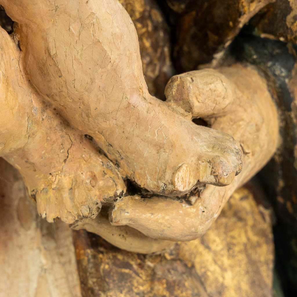 Madonna with a child, on the Crescent moon, Wood sculpture, Circa 1500-1520. (L:18 x W:32 x H:66 cm)