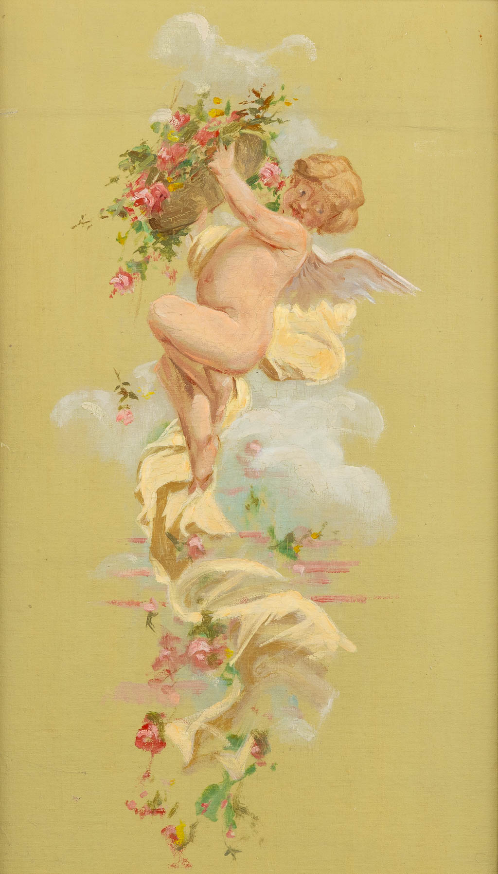 Drie decoratieve schilderijen met putti, olie op doek. 19de eeuw. (W:39 x H:52 cm)