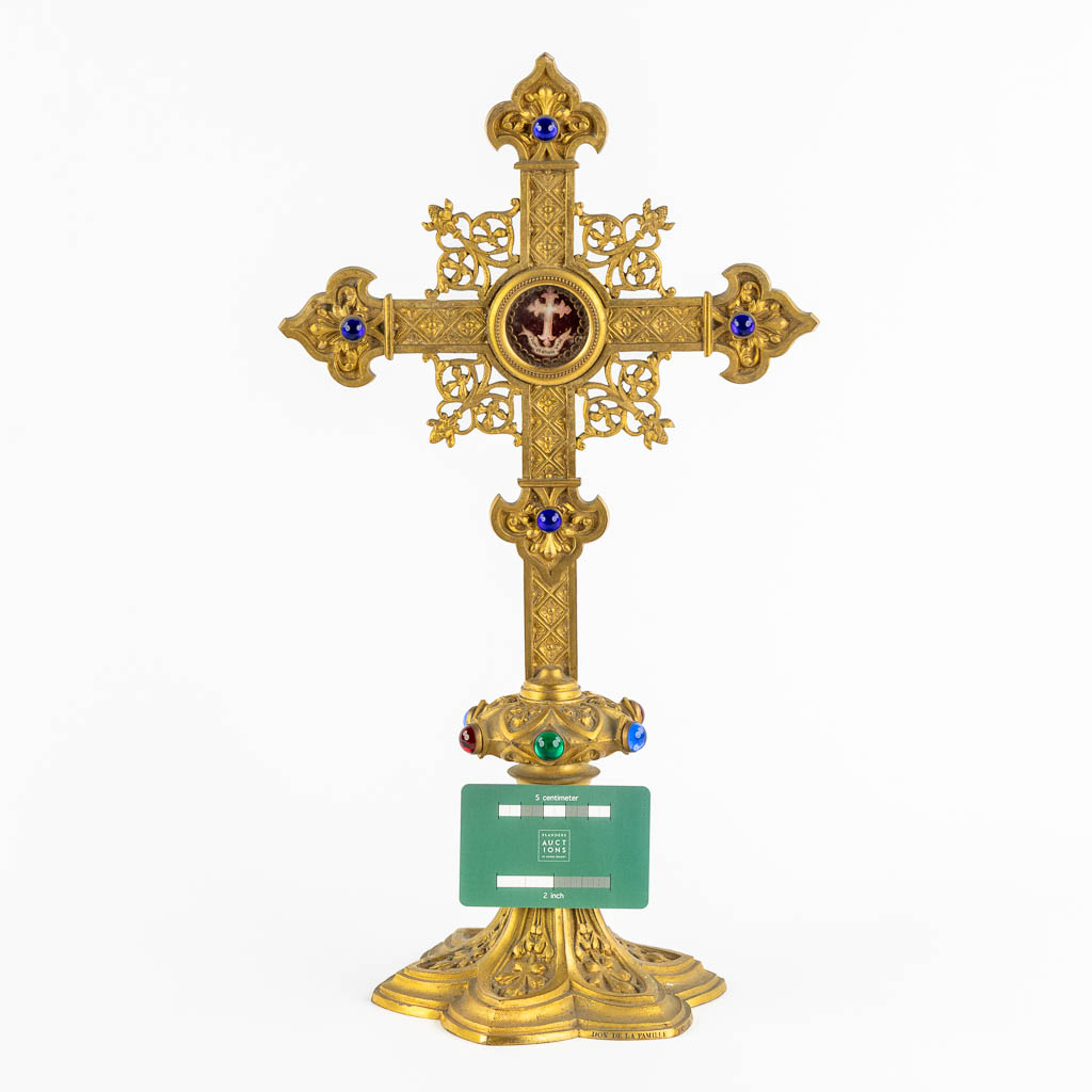 A richly decorated reliquary crucifix, De Ligno Cruxis, True cross of Jesus Christ, 1892. (W:24 x H:42 cm)