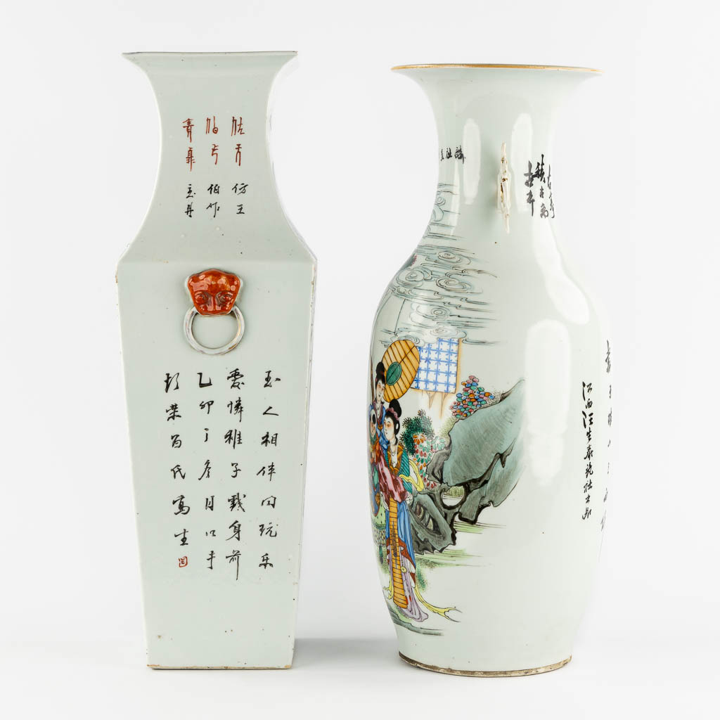 Two Chinese vases with ladies decor, square and round. (L:19 x W:22 x H:59 cm)