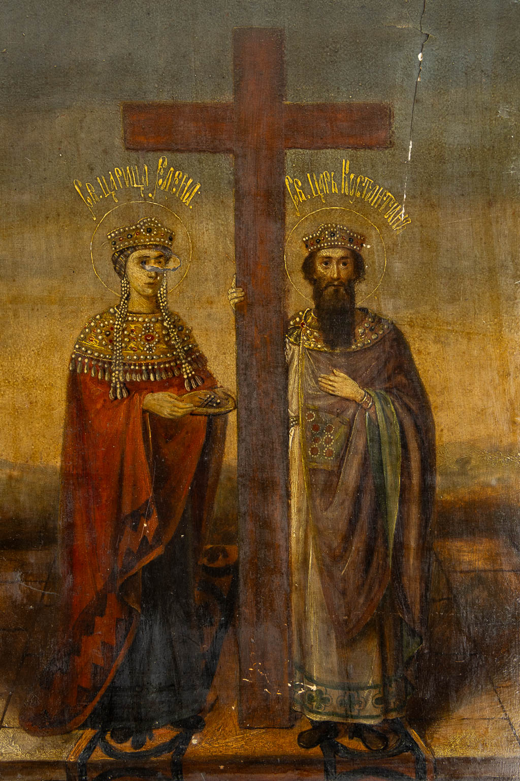 An antique Russian icon, Saints Constantine and Helena near the crucifix