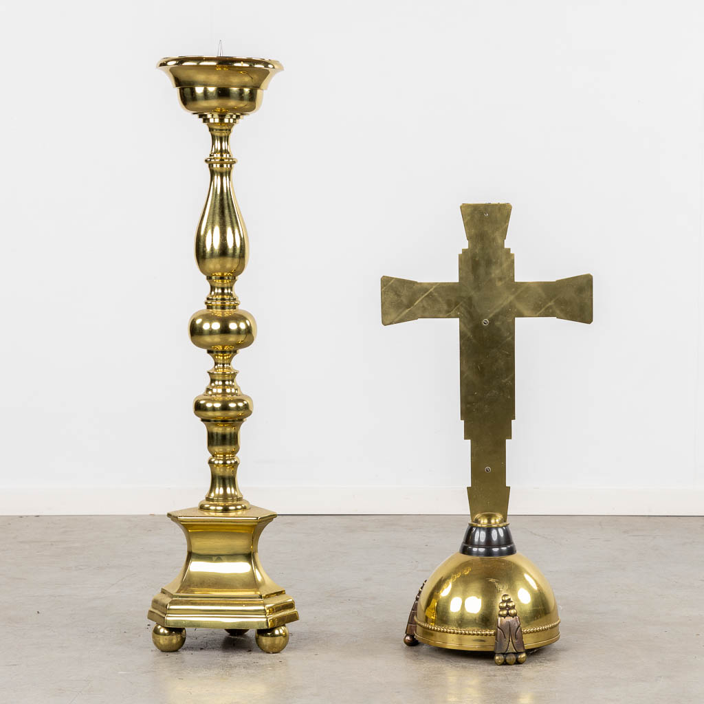 A large Altar crucifix and large church candlestick, polished bronze. (H:110 cm)