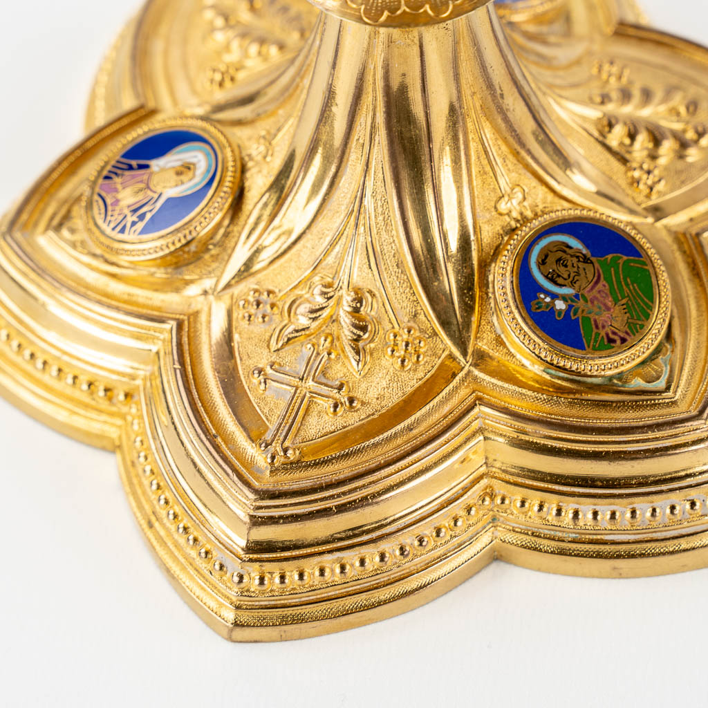 A Gothic Revival chalice with enamel plaques, cabochons. Silver Cuppa, Gilt brass, 19th C.