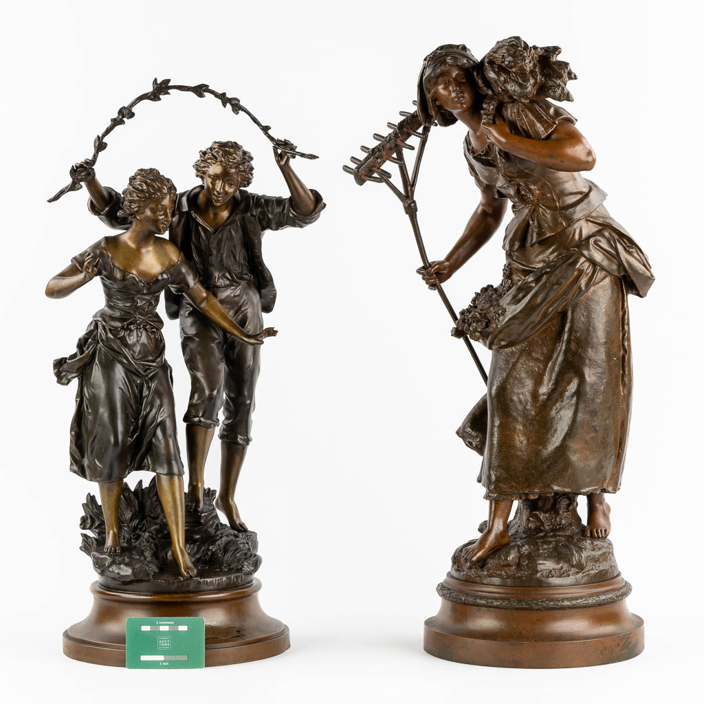 After Auguste Moreau and Rancoulet, two spelter figurines. Circa 1900. (H:68 cm)