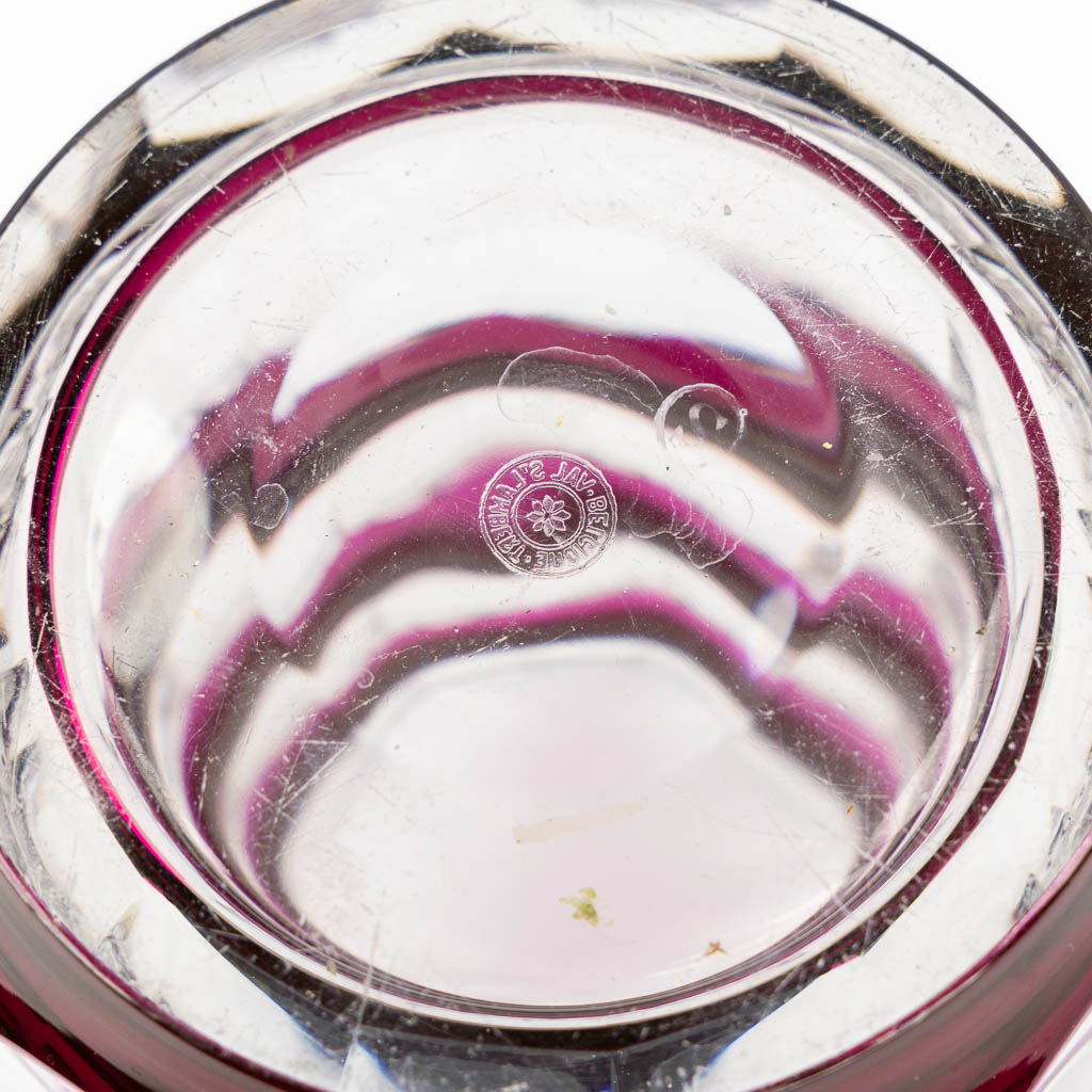 Val Saint Lambert, two vases and a bowl. Cut and coloured crystal.