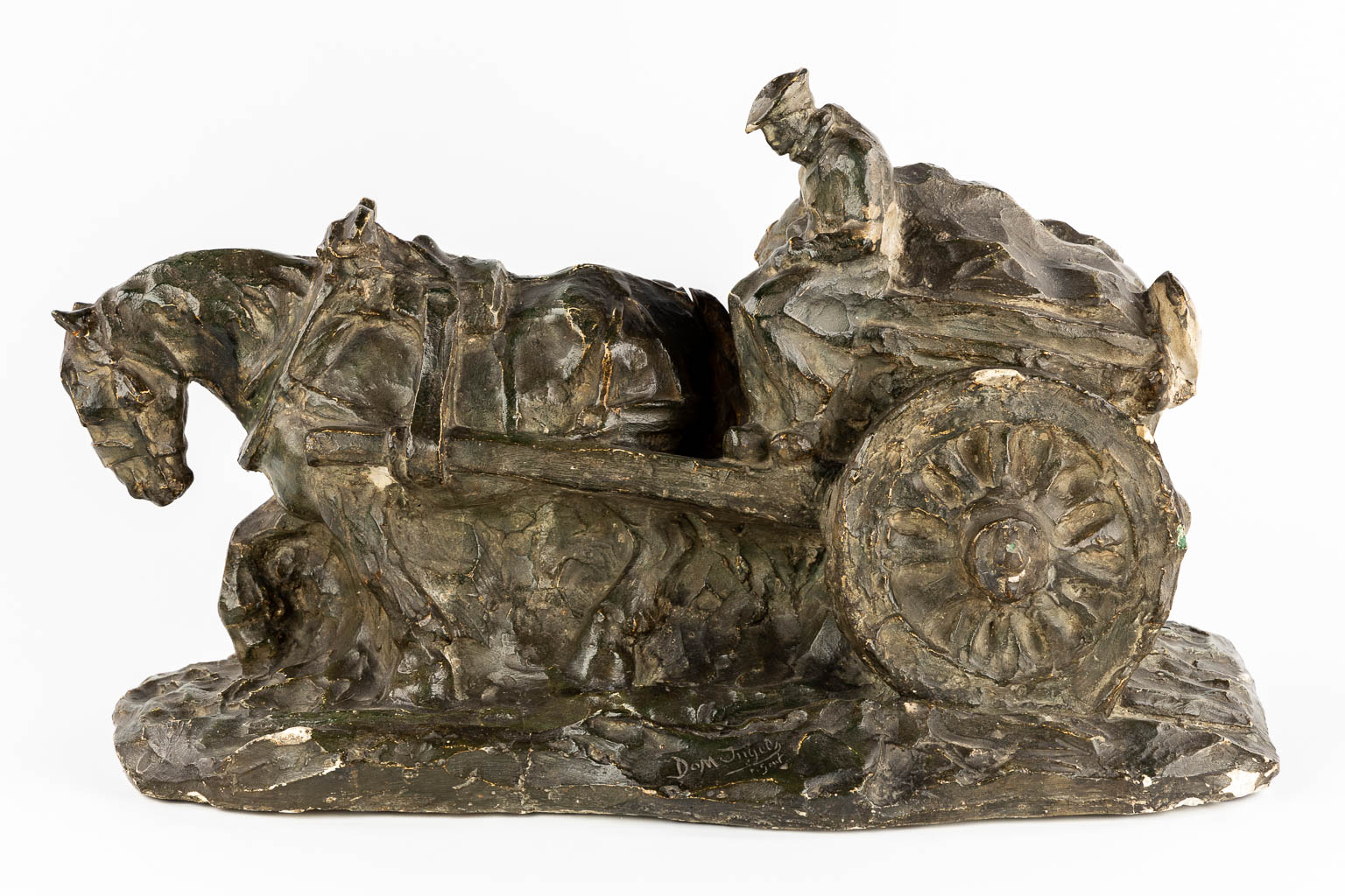 Domien INGELS (1881-1946) 'Horse Drawn Carriage' Patinated plaster. 