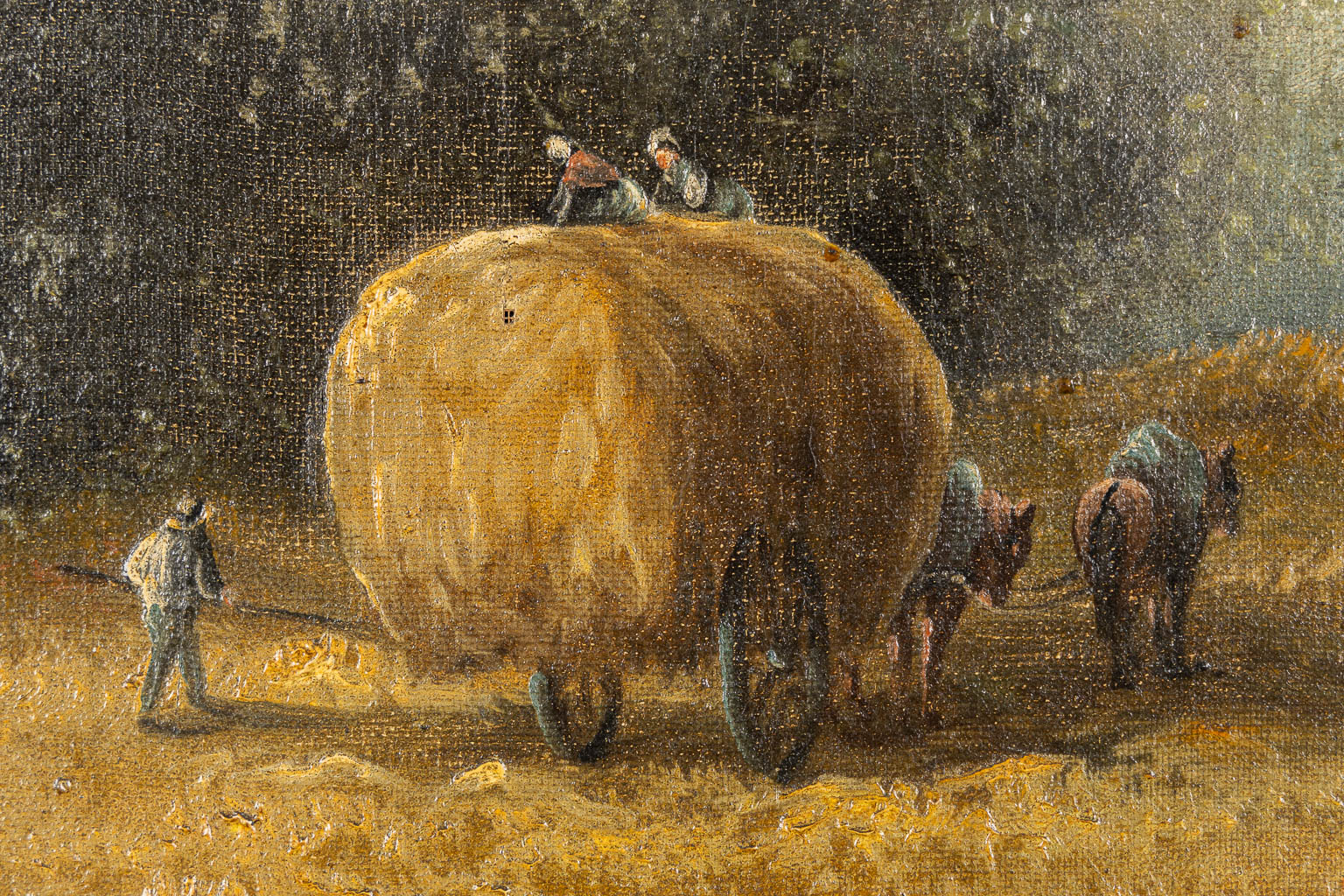 Loading the hay. A painting, oil on canvas. 19th C. (W:52 x H:41 cm)