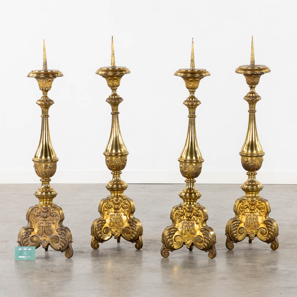 A set of four Baroque style Chruch Candlesticks, Ave Maria, Brass. (H:90 cm)