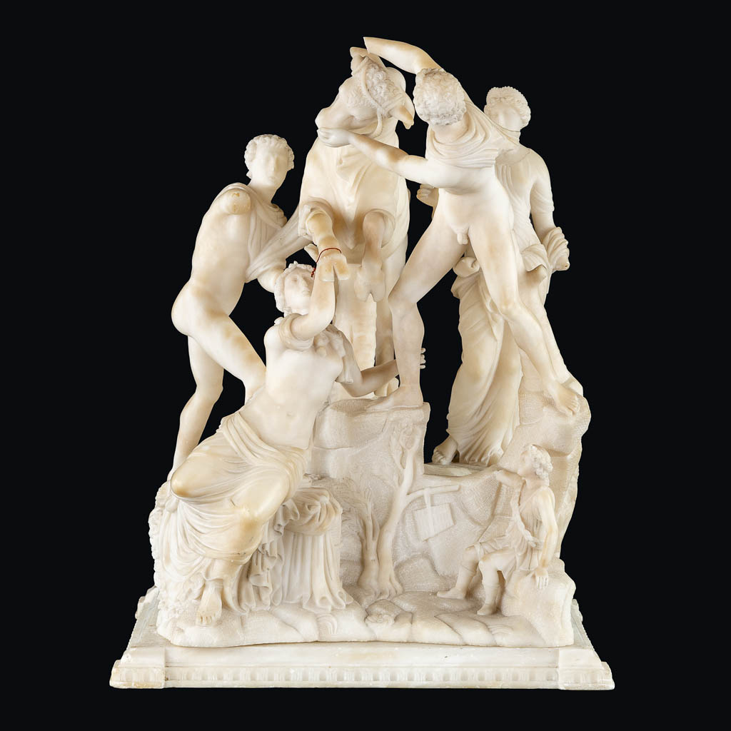 An antique sculpture 'The Farnese Bull', after the antique. Sculptured alabaster. (L:33 x W:35 x H:44 cm)
