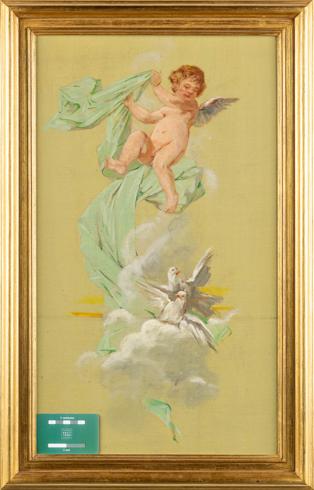 Drie decoratieve schilderijen met putti, olie op doek. 19de eeuw. (W:39 x H:52 cm)