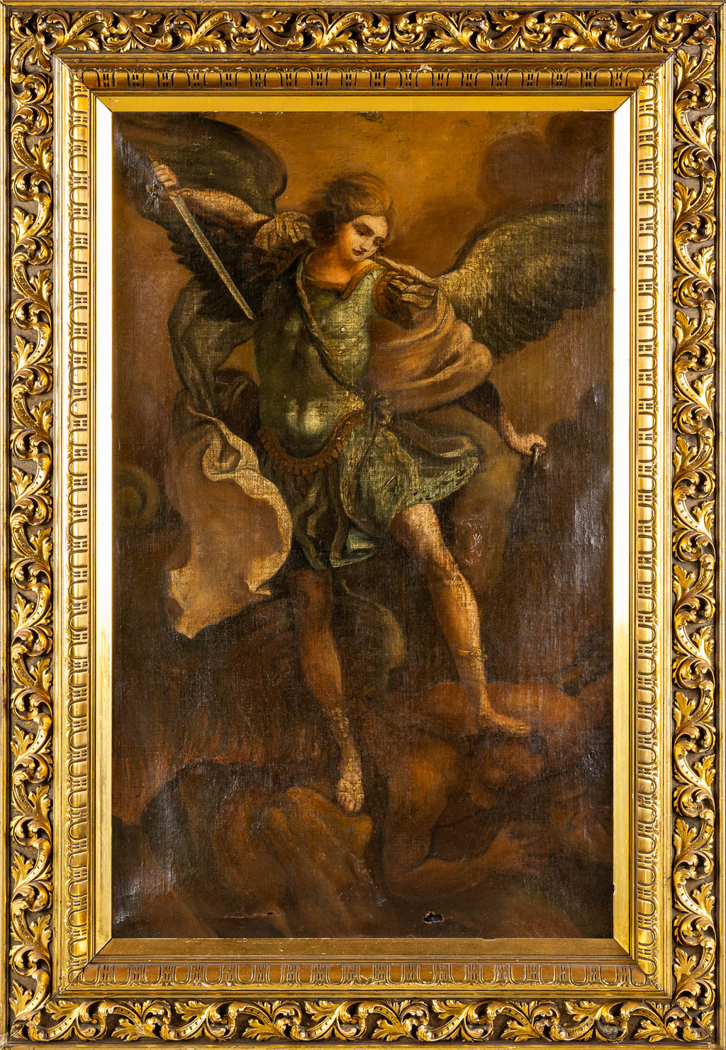 Aartsengel Michiel, een antiek schilderij, olie op doek. 19de eeuw. (W:63 x H:100 cm)