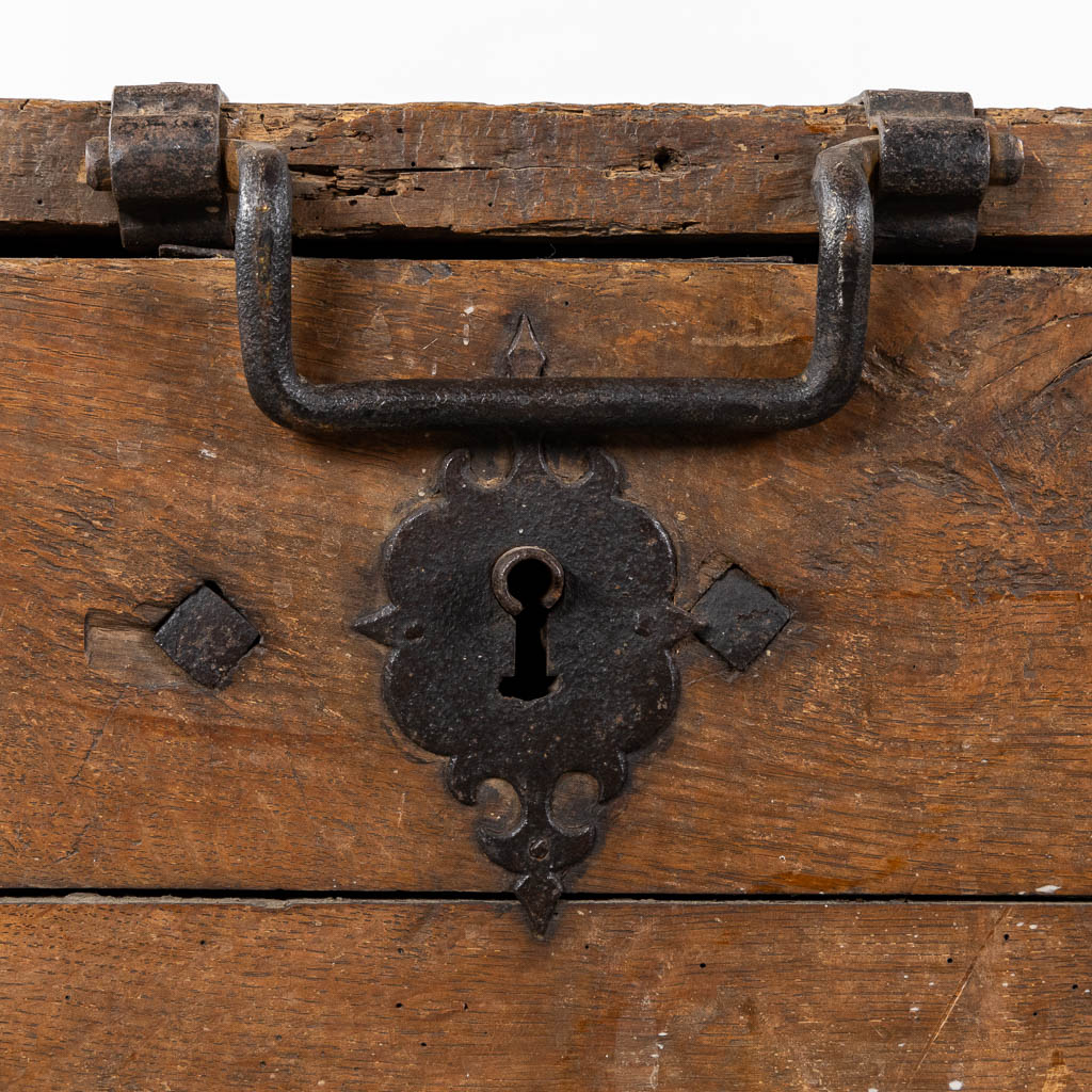 An antique chest with wrought iron hardware, Northern France or Flanders, circa 1600. (L:59 x W:130 x H:51 cm)