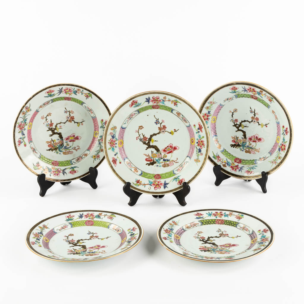 Five Chinese Famille Rose plates with blossoms and flowers. (D:23 cm)