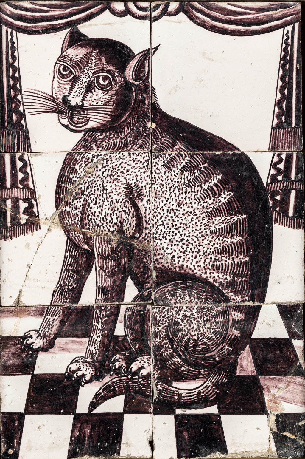 An antique Rotterdam Tile painting of a cat, Manganese, 18th/19th C.