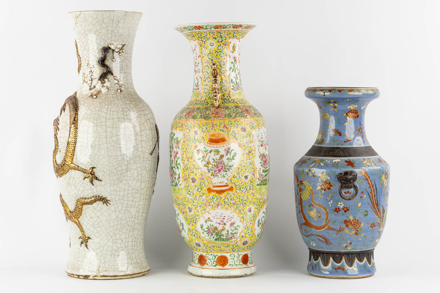 Three Asian vases, Chinese and Japanese, stoneware and porcelain. (H:62 cm)