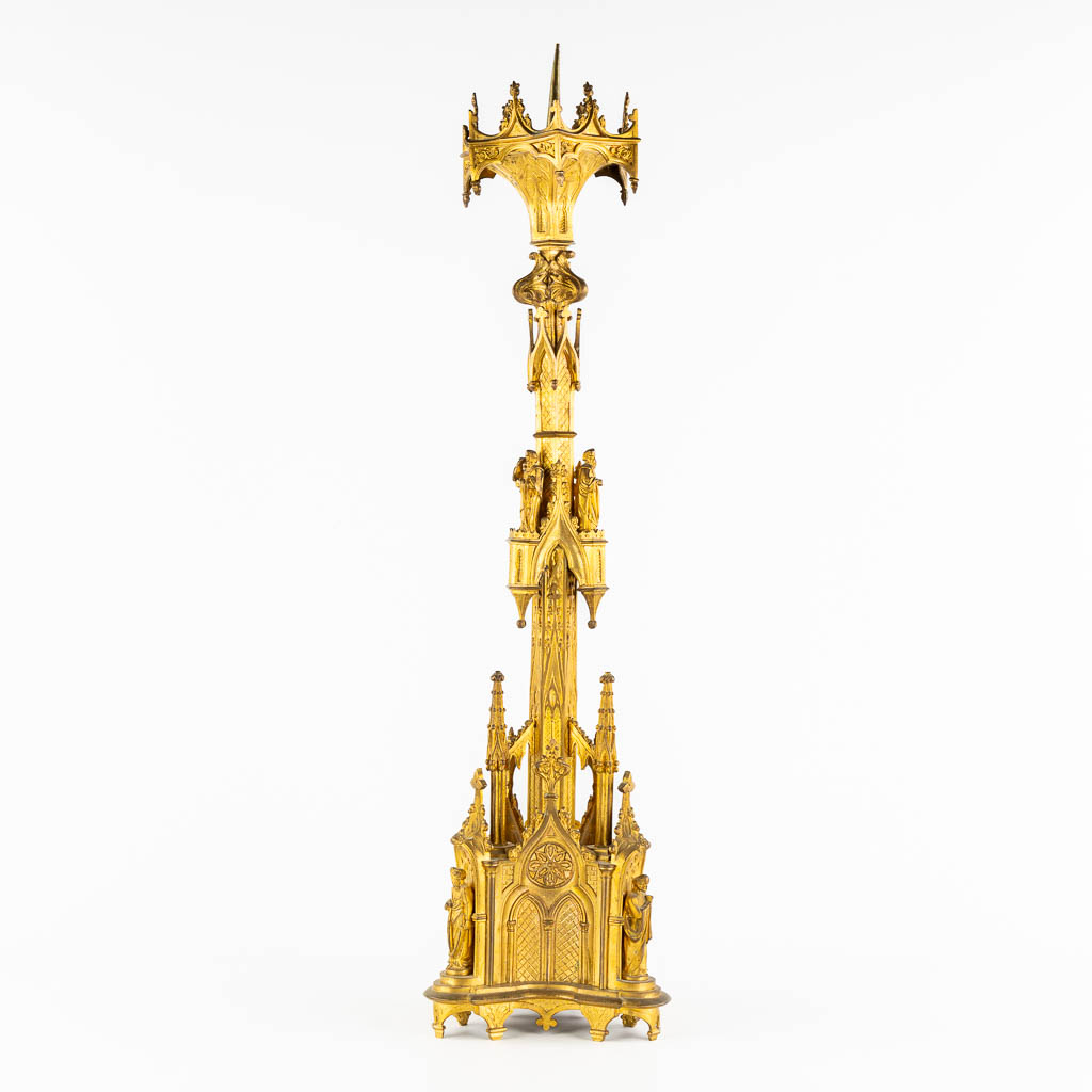 An antique church candelabra, gilt bronze, Gothic Revival. (H:93 cm)