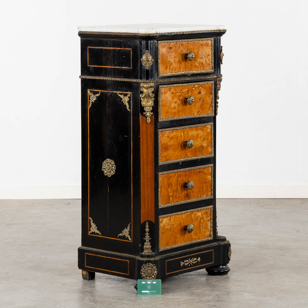 A 5-drawer cabinet, ebonised wood mounted with marble and bronze. Napoleon 3. (L:38 x W:50 x H:96 cm)