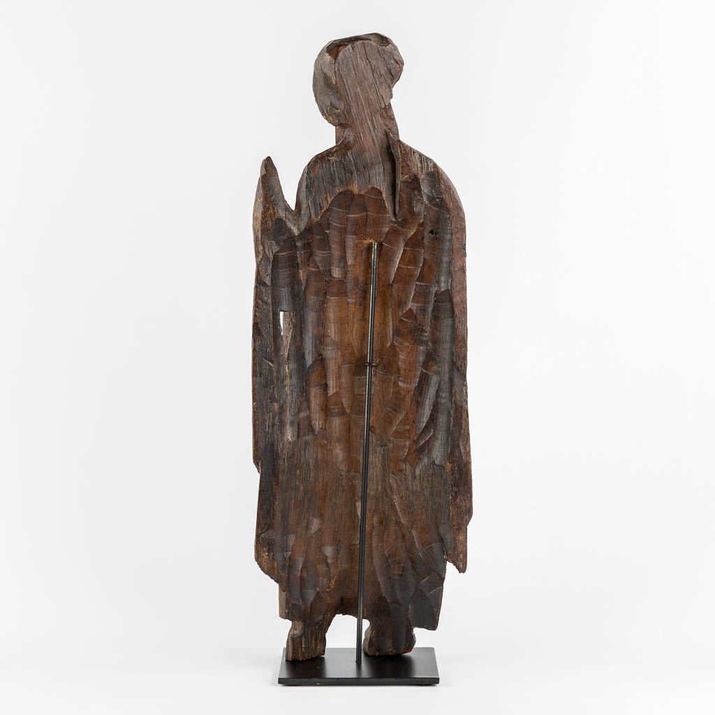 An antique wood sculpture of a Prophet, Sculpture du val de boi, Catalonia. 12th C. (L:9 x W:20 x H:57 cm)