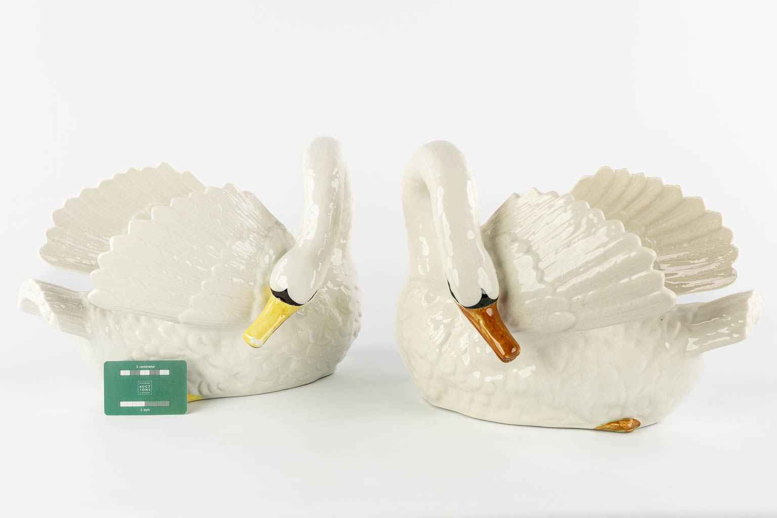 Nimy, a pair of figurative cache-pots, Swans.