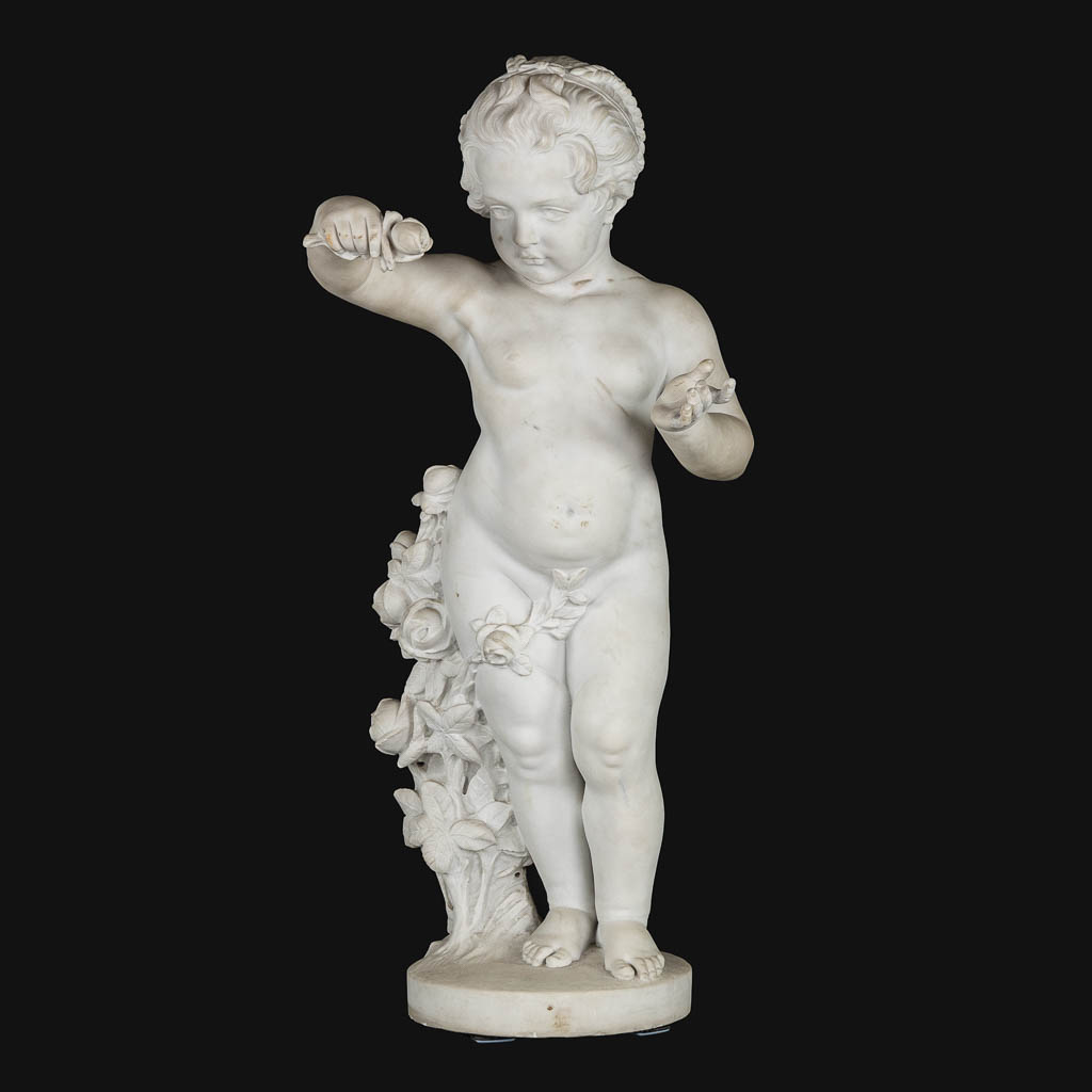 Boy with a rose, a Carrara marble sculpture, signed Vanet. 19th C. (L:35 x W:42 x H:92 cm)