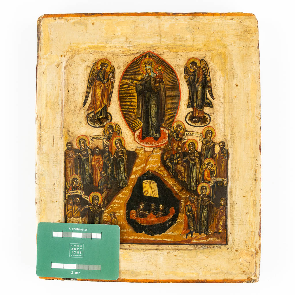 Een antieke Russische Icoon, 'Moeder Gods, Vreugde voor alle Lijdenden', 17de eeuw. (W:23 x H:27,3 cm)