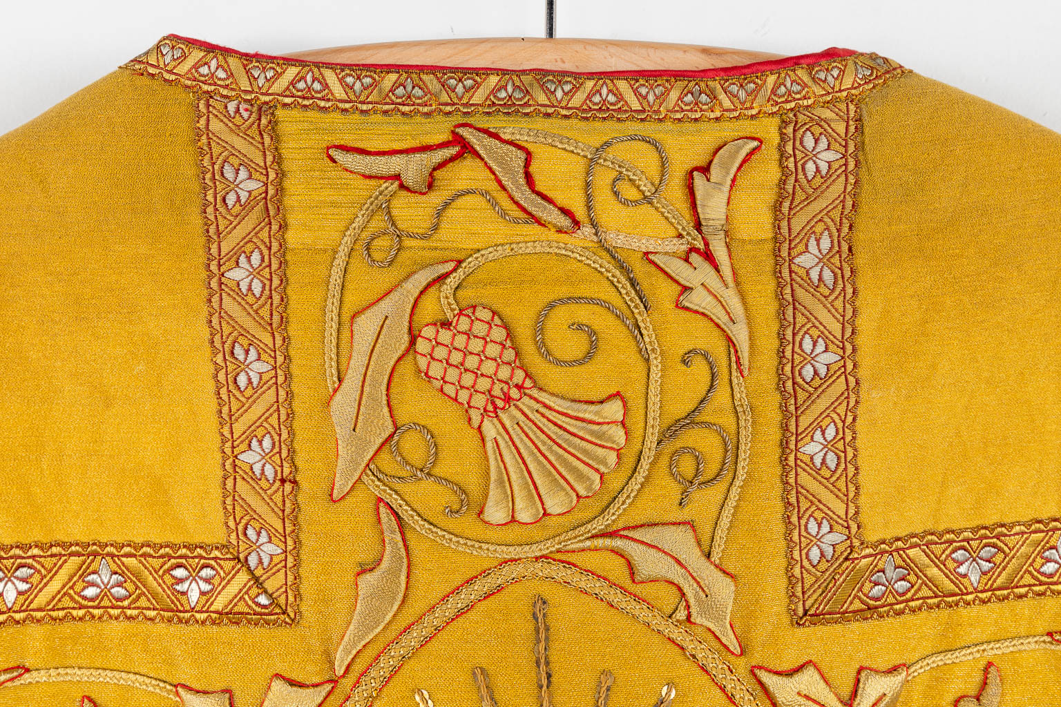 Two Dalmatics, Roman Chasuble, Chalice Veil and Stola, thick gold thread embroideries with floral decor.