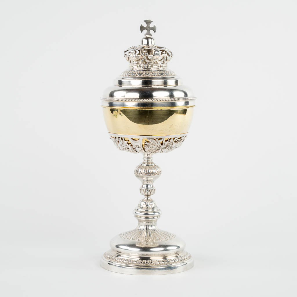 A silver-plated brass ciboria with gold-plated cuppa, and a crowned lid. (c.1900)