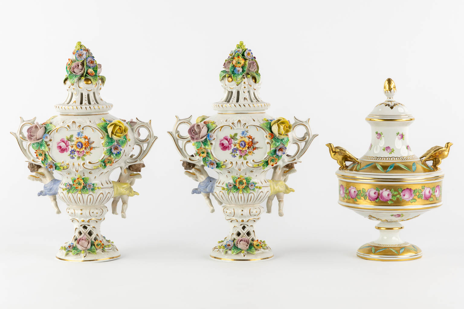 Dresden and Sitzendorf, three pieces of polychrome porcelain. Saxony, Germany. (L:11 x W:20 x H:29 cm)