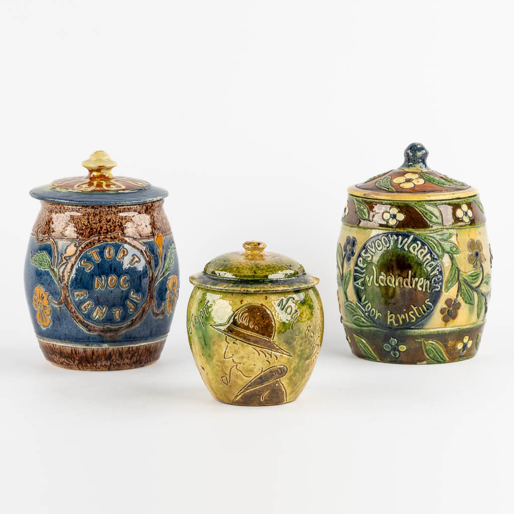 Three Flemish Earthenware Tobacco Jars. (H:20 x D:15 cm)