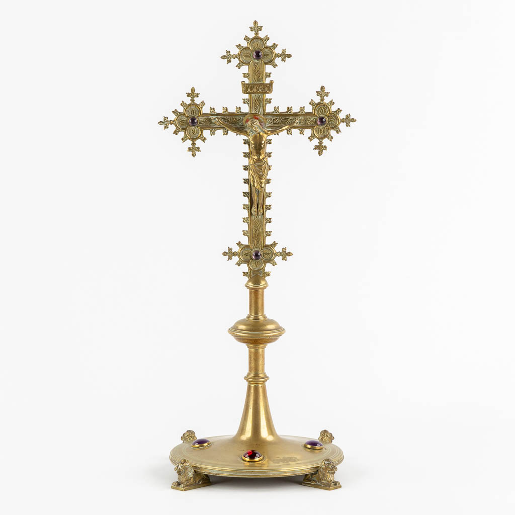 A qualitative Altar Crucifix mounted with glass cabochons, 19th C. (L:17 x W:17 x H:45,5 cm)