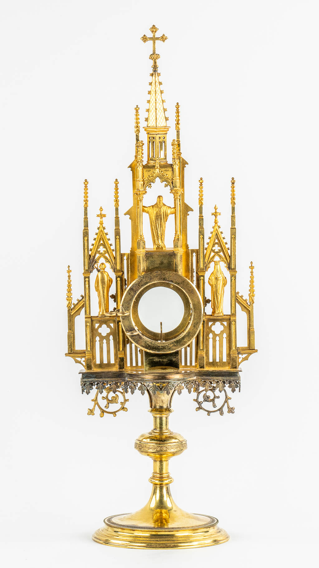 A gilt brass Tower Monstrance, Gothic Revival. (c.1900). 