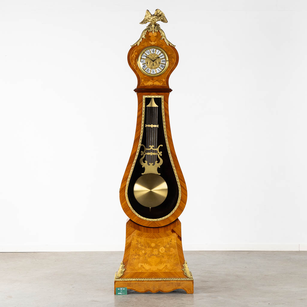 A large marquetry inlay Grandfather clock, mounted with bronze. Circa 1970. (L:32 x W:61 x H:220 cm)