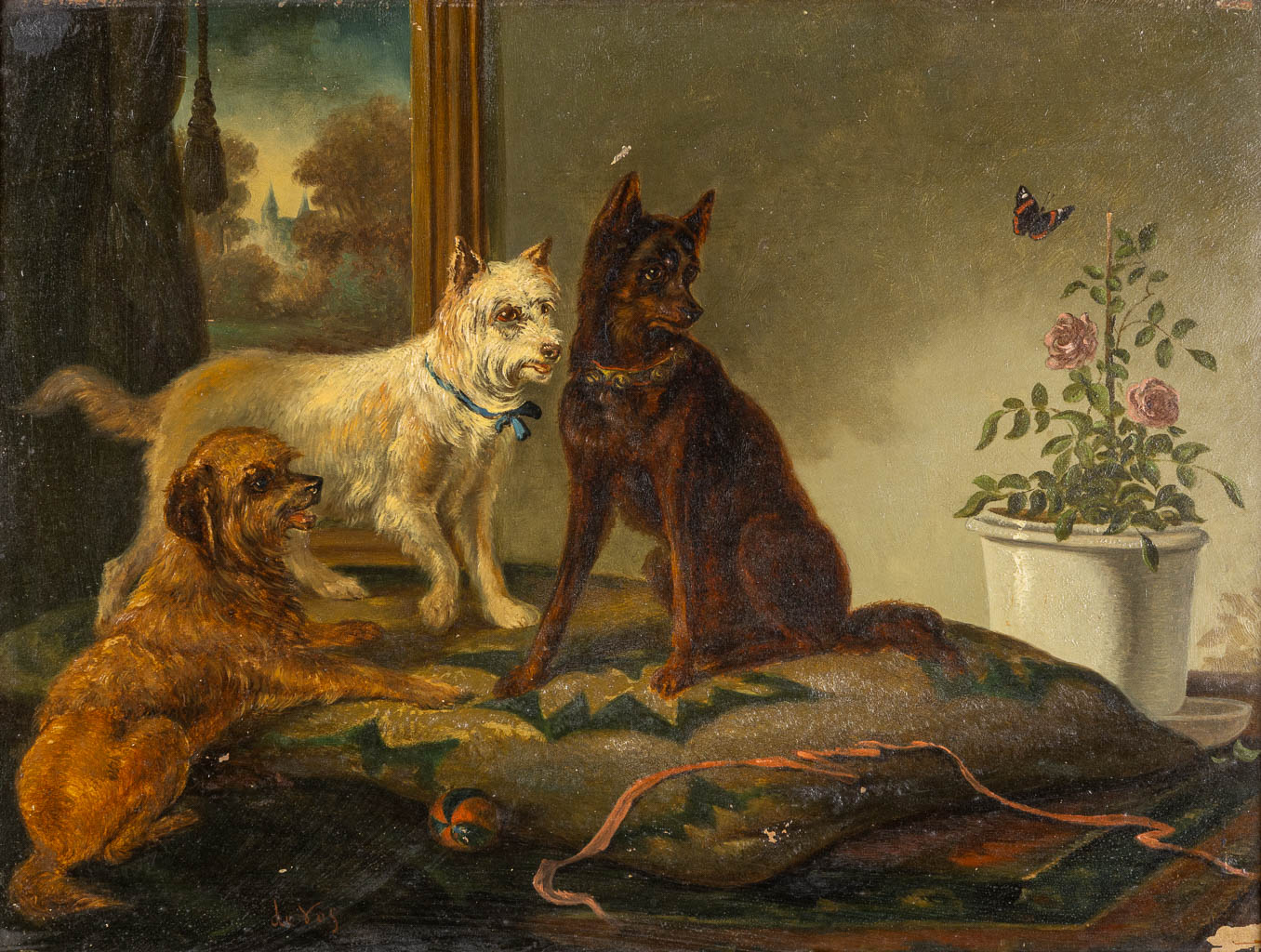 Vincent DE VOS (1829-1875) 'Three dogs watching a butterfly'. (W:52 x H:38,5 cm)