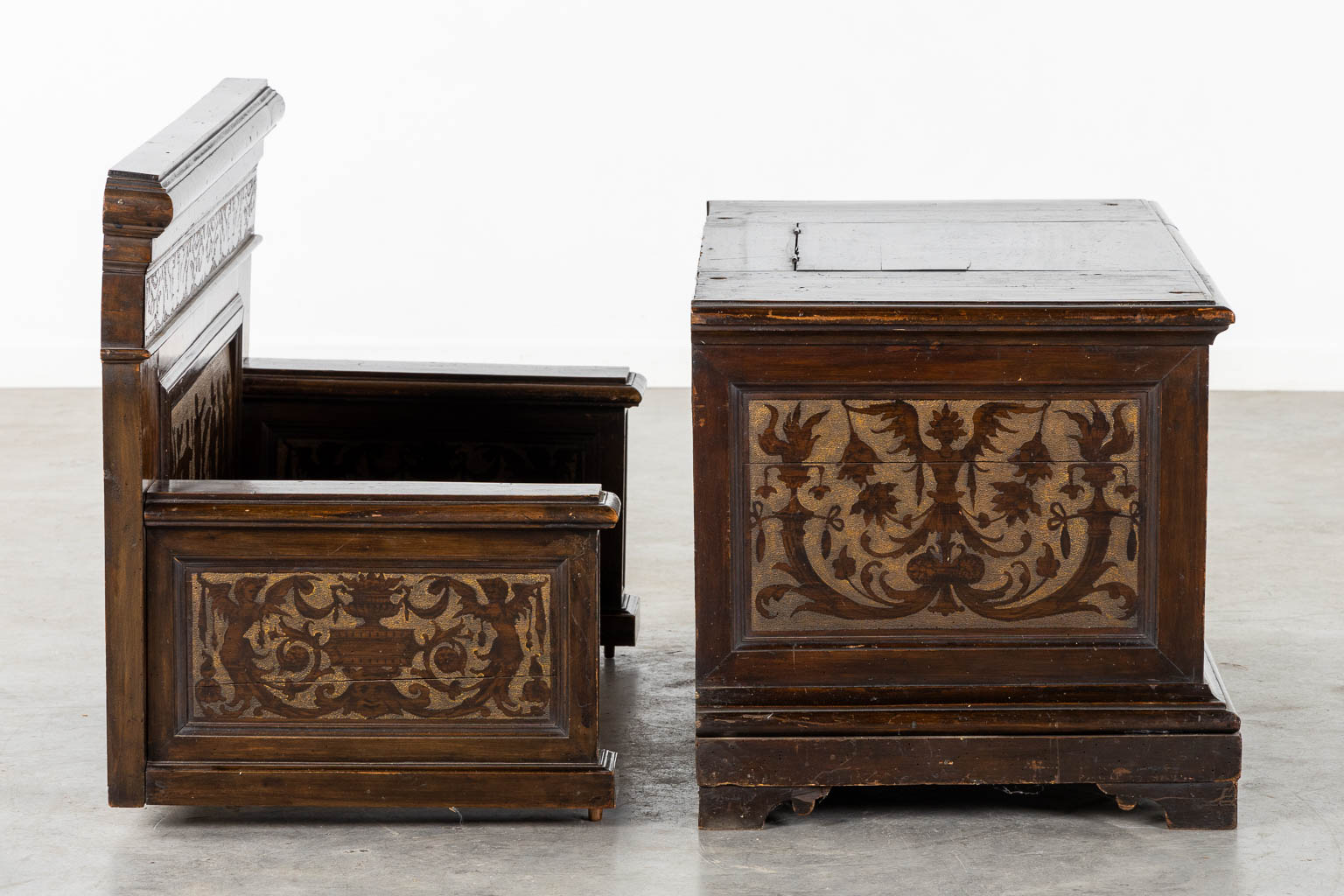 A hall-bench, Austria or Italian Renaissance, 19th C. . (L:54 x W:100 x H:114 cm)