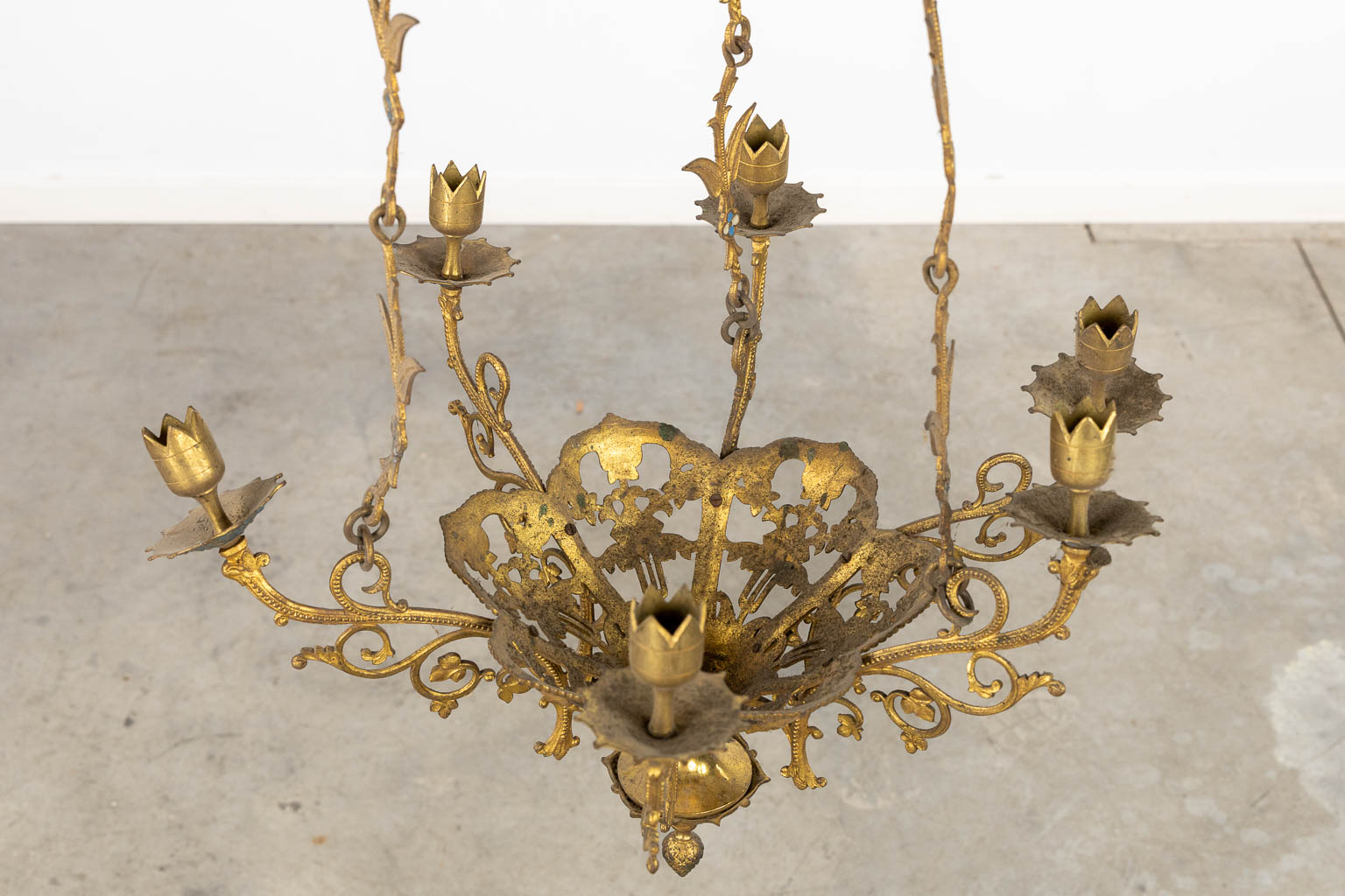 A pair of candle chandeliers, brass with enamel, Gothic Revival. (H:103 x D:42 cm)