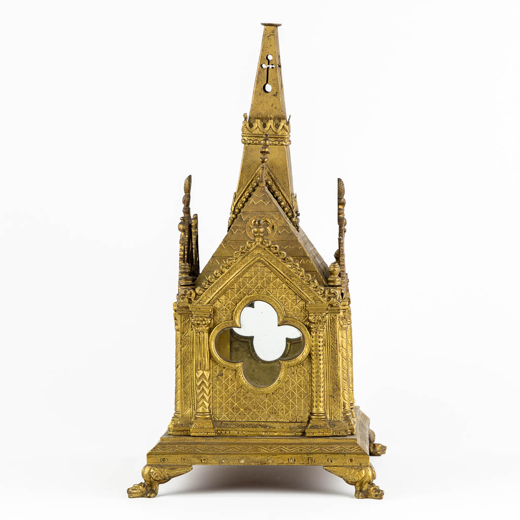 A Reliquary Shrine shaped like a Gothic Revival chapel, gilt bronze.