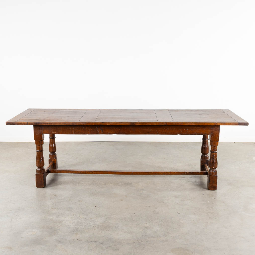 An antique farmer's table, oak. 19th C. (L:91,5 x W:244 x H:74 cm)