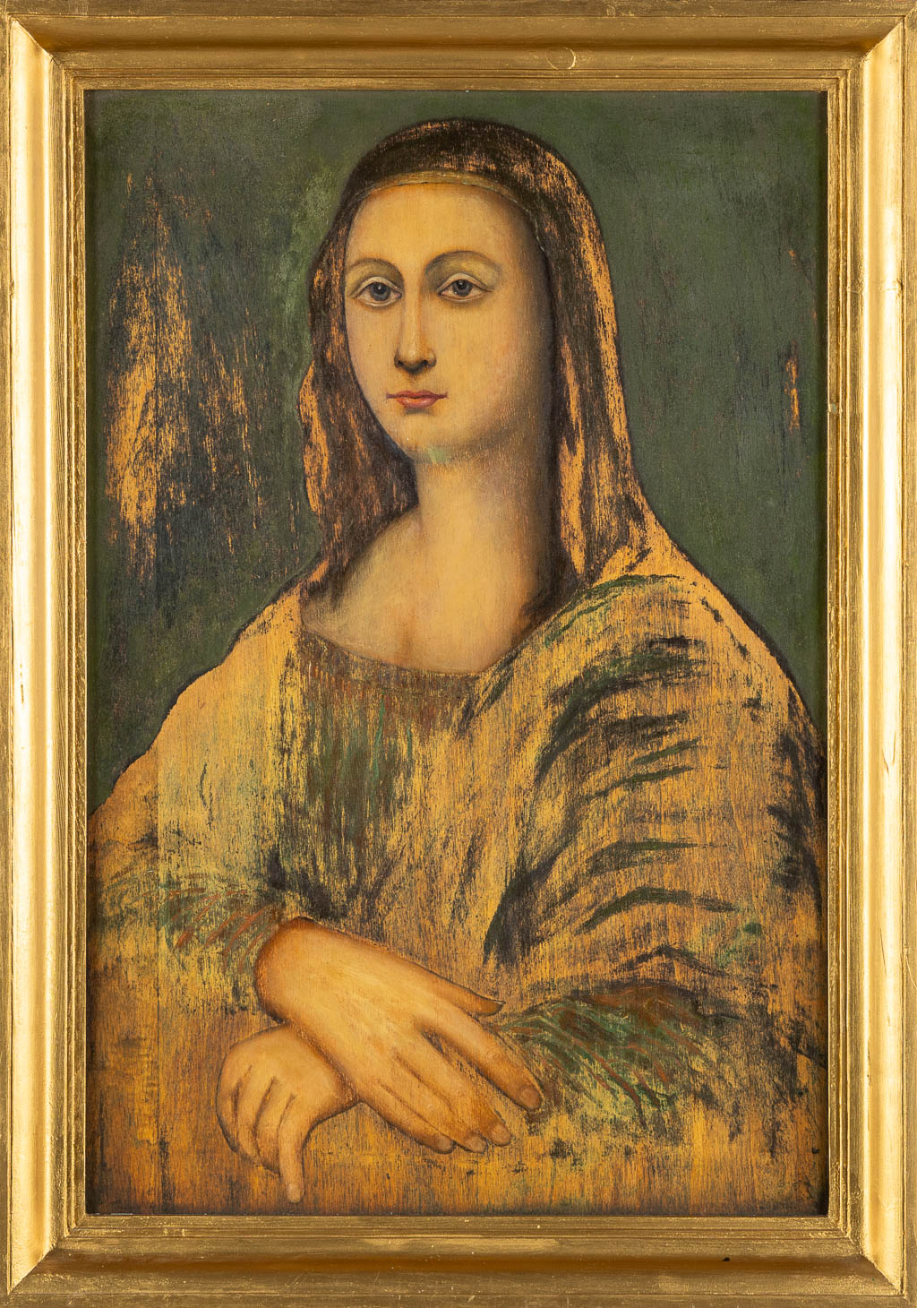 Een decoratief schilderij naar de Mona Lisa. Olie op paneel. (W:51,5 x H:77 cm)