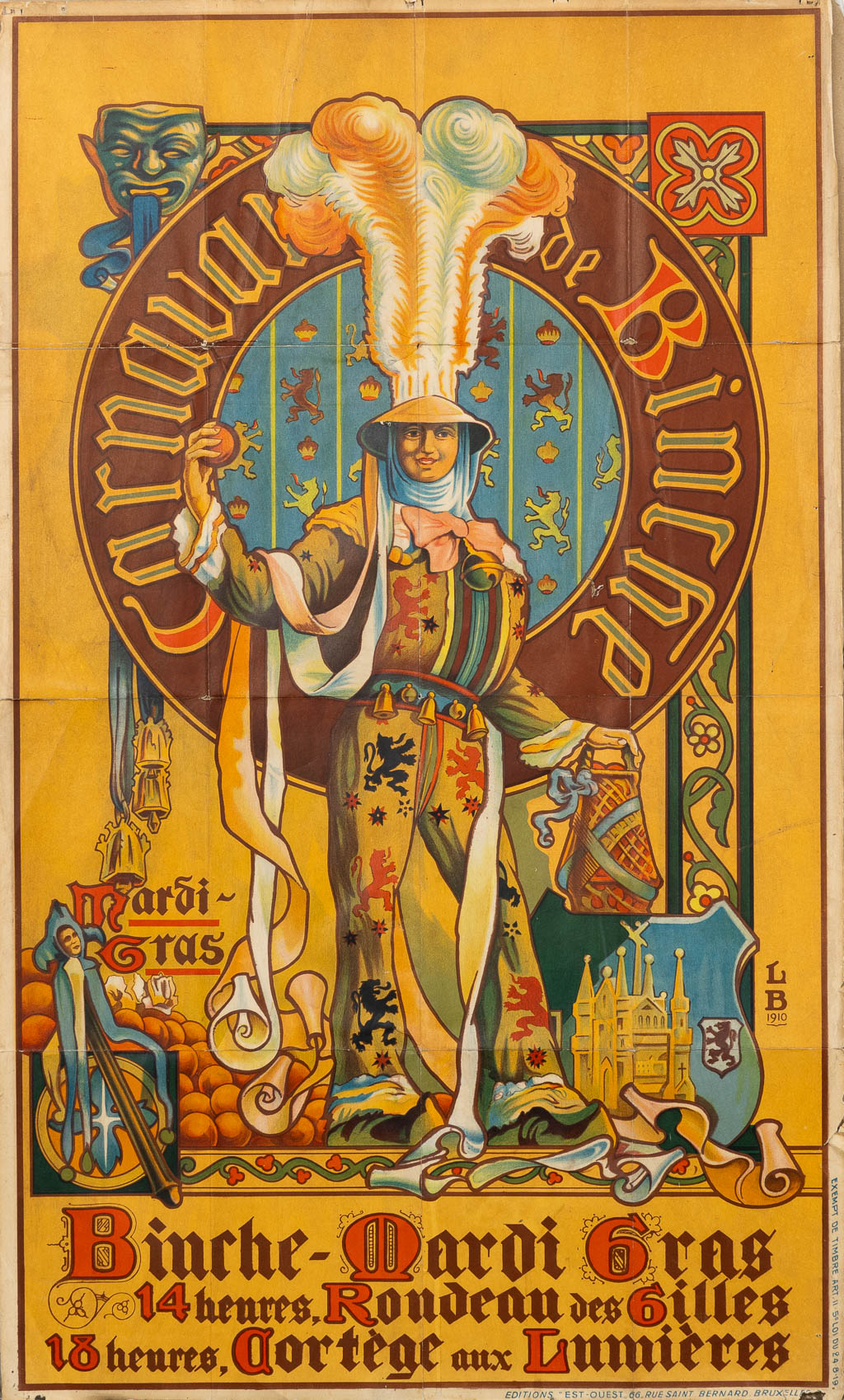 Louis BUISSERET (1888-1956) 'Binche, Mardi Gras, Carnaval' - 1910. Een originele poster. (W:59,5 x H:99 cm)