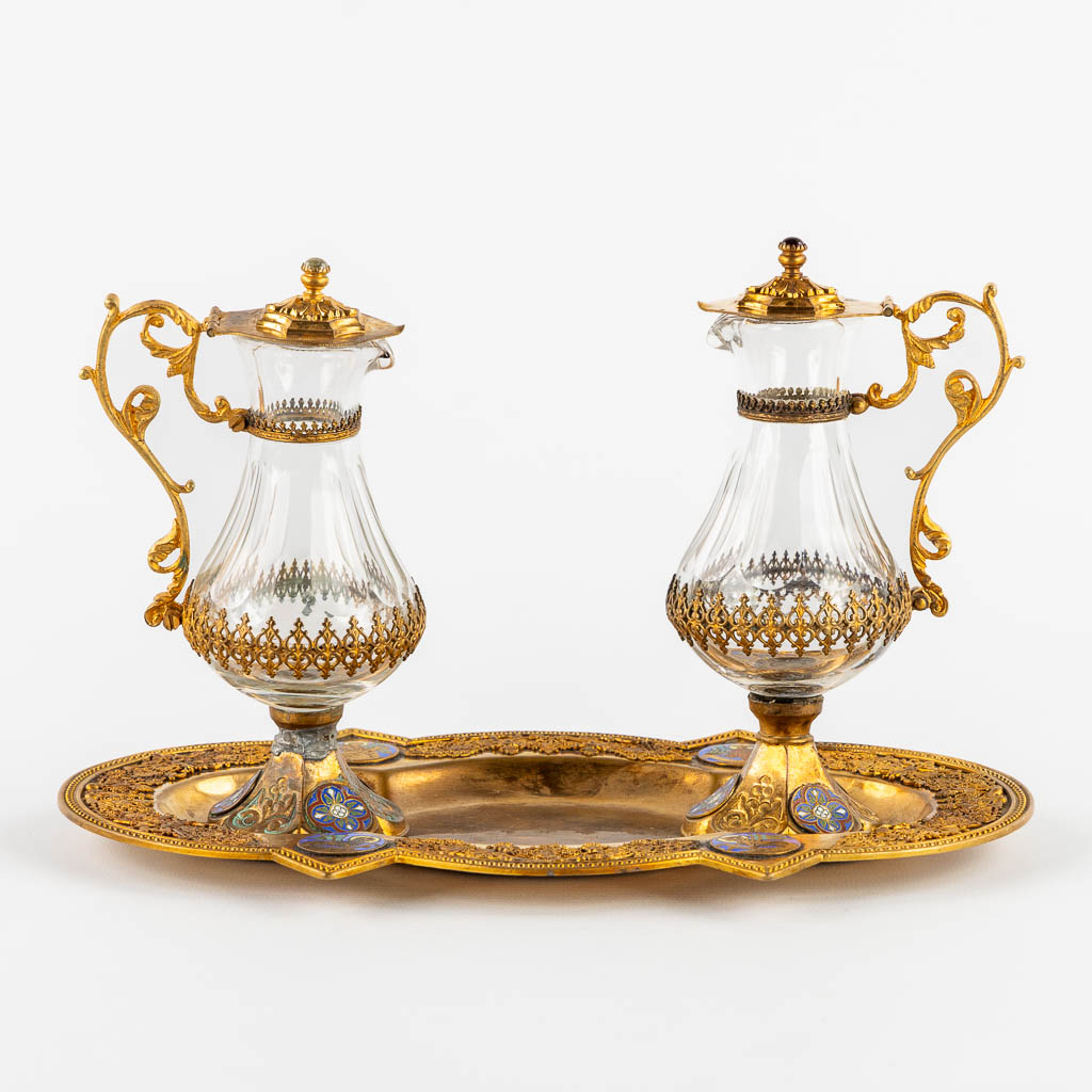 A pair of wine and water cruets, gold-plated metal and enamel. Gothic Revival. 