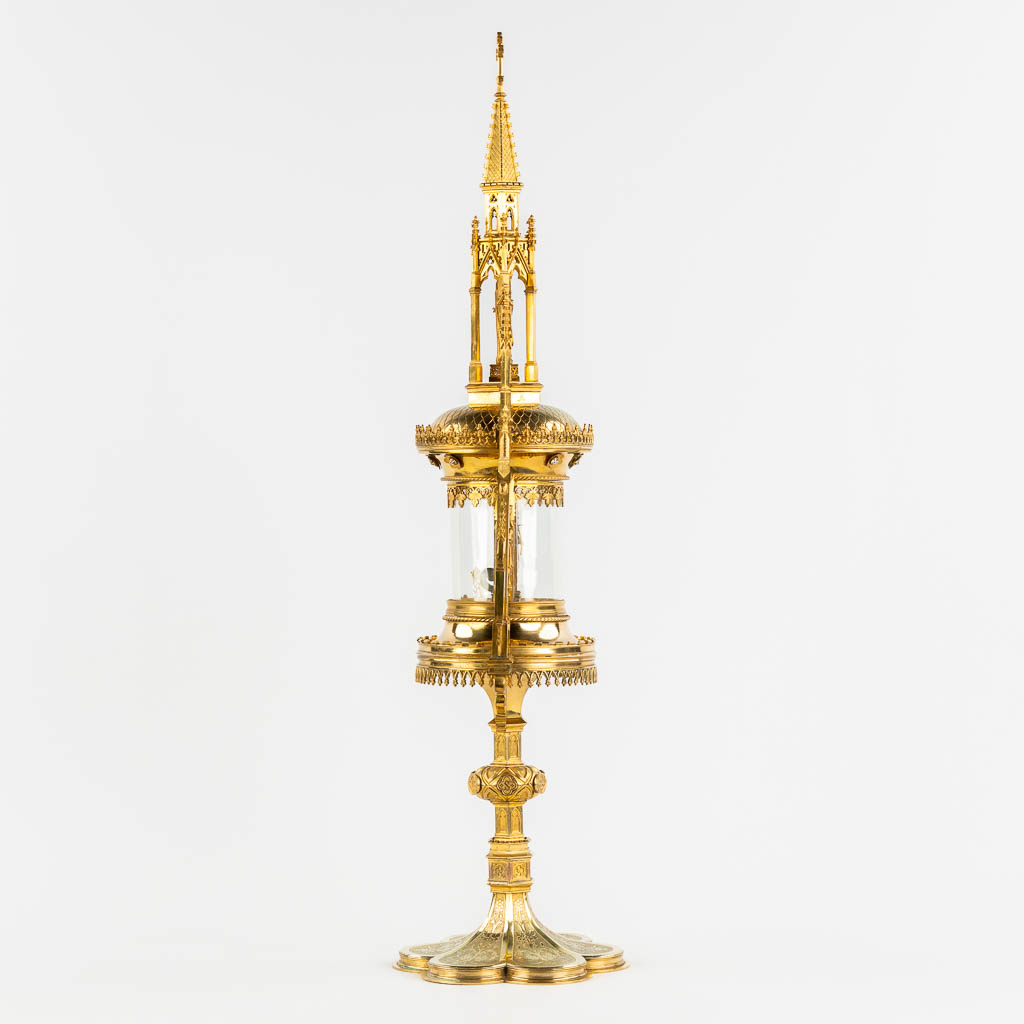 A Tower Montrance on a six-lobed base, Gothic Revival, 19th C. (L:18 x W:26 x H:70 cm)