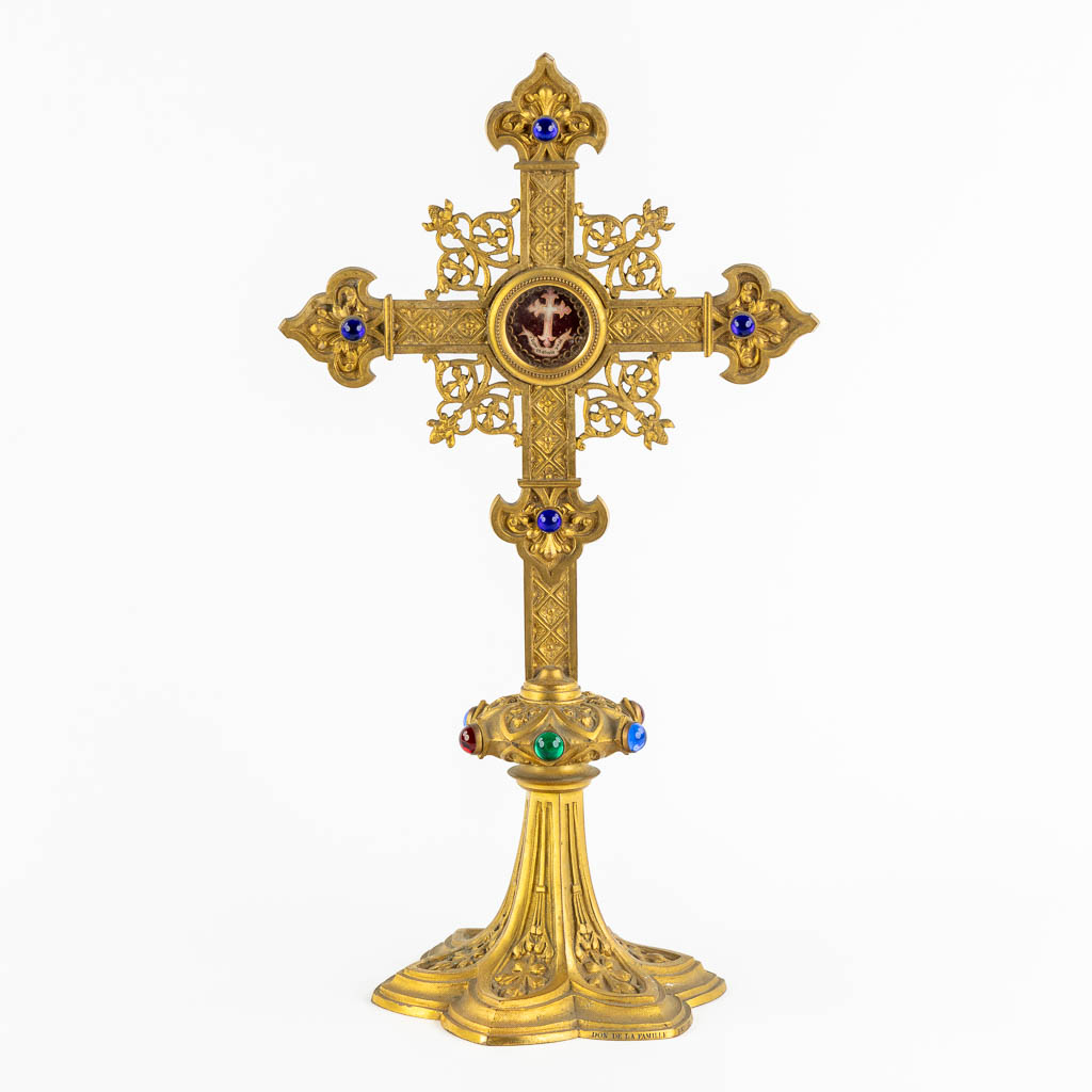 A richly decorated reliquary crucifix, De Ligno Cruxis, True cross of Jesus Christ, 1892. (W:24 x H:42 cm)