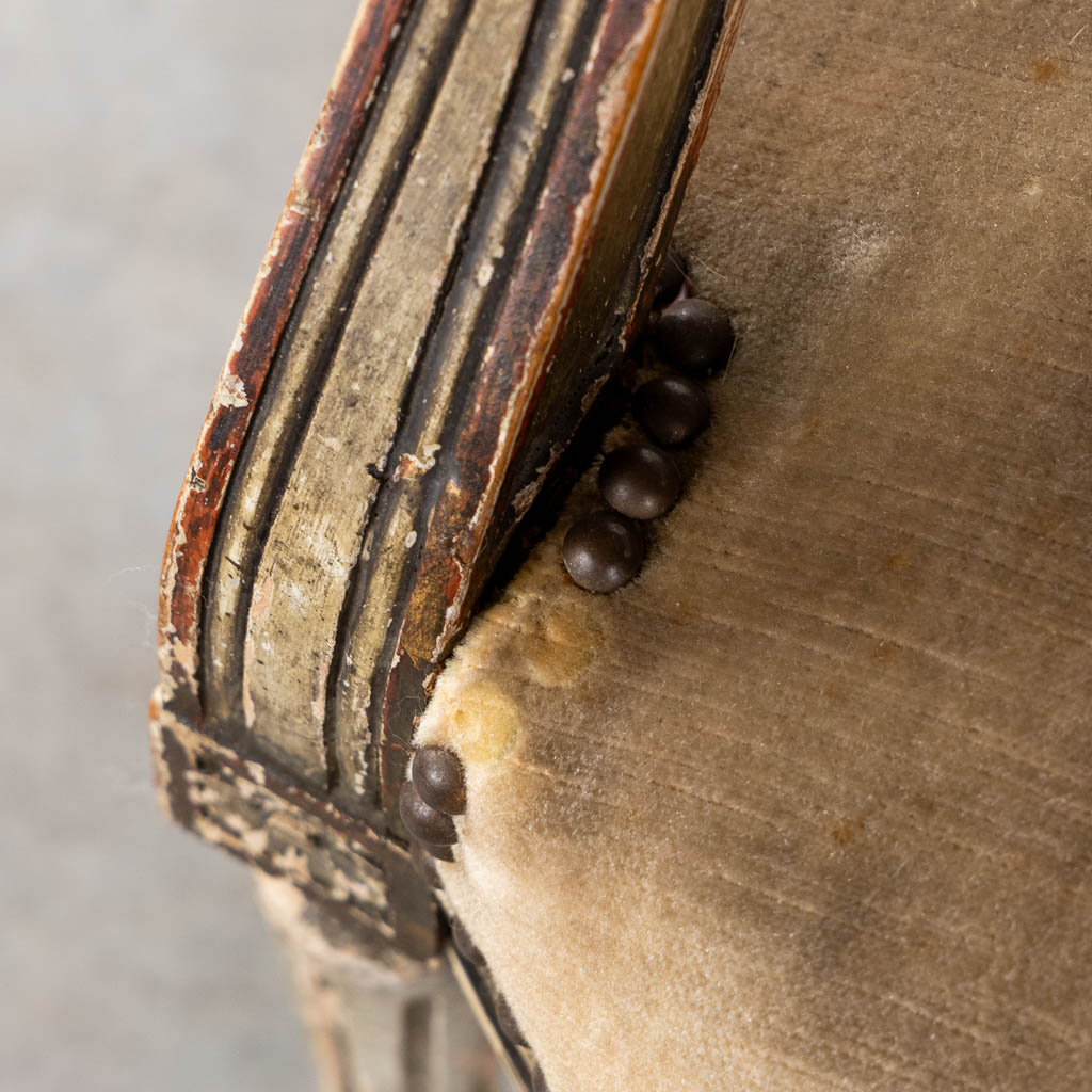 A pair of antique patinated chairs, Louis XVI style. (L:58 x W:57 x H:83 cm)