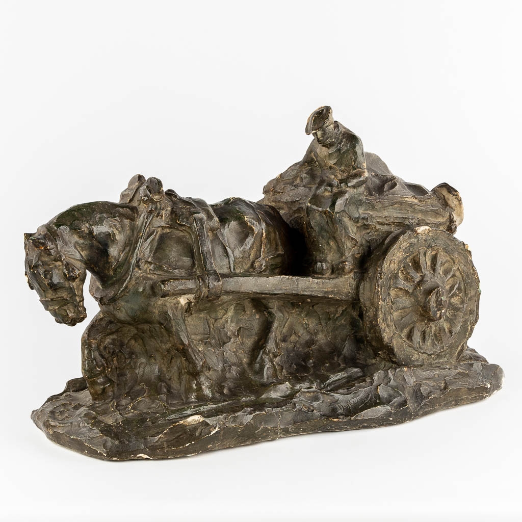 Domien INGELS (1881-1946) 'Horse Drawn Carriage' Patinated plaster. 