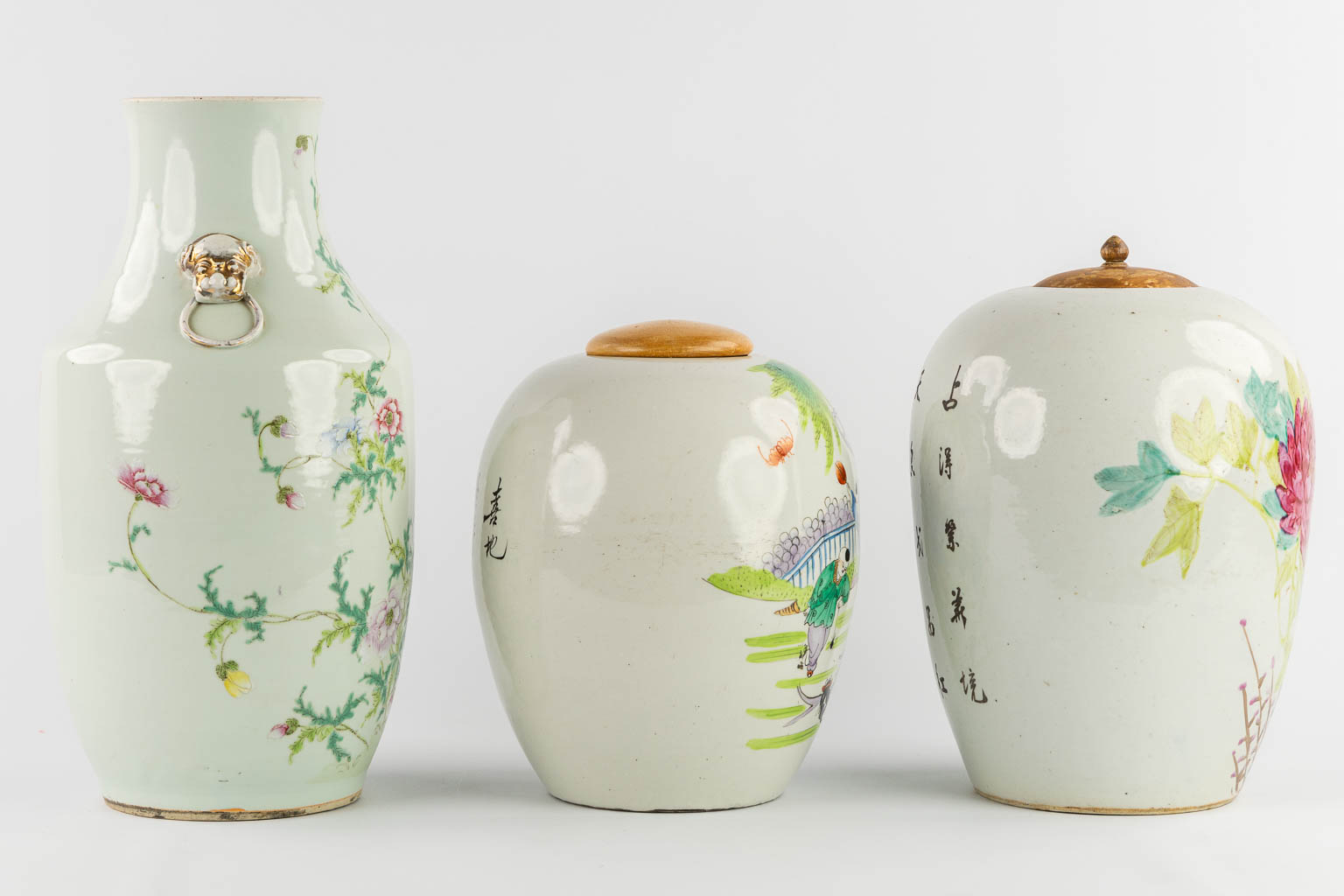 Six Chinese vases, Famille Rose. 