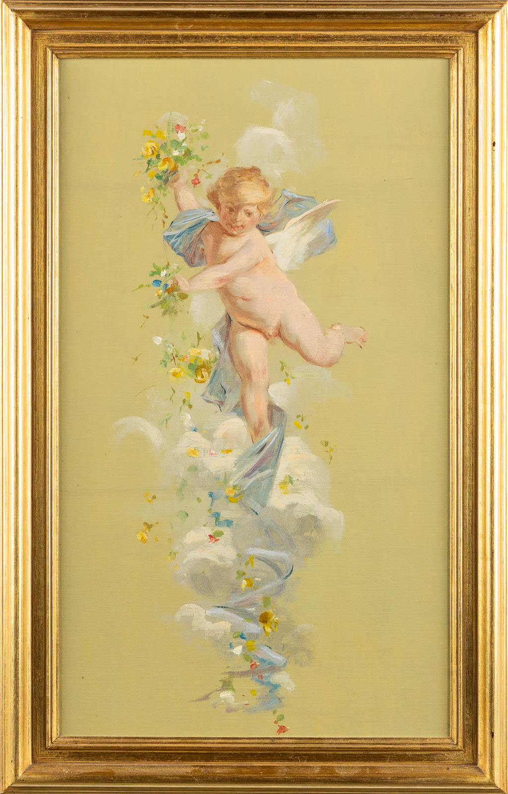 Drie decoratieve schilderijen met putti, olie op doek. 19de eeuw. (W:39 x H:52 cm)